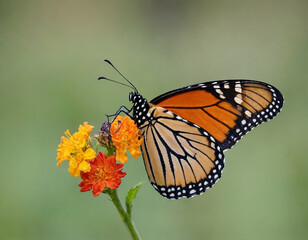 Obraz premium Monarch butterfly, vibrant orange wings, black veins, white spots, yellow flowers, green leaves, soft focus background, macro photography, detailed wings, nature close-up, delicate insect, pollinator,