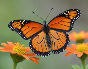Monarch butterfly, vibrant orange wings, black veins, white spots, yellow flowers, green leaves, soft focus background, macro photography, detailed wings, nature close-up, delicate insect, pollinator,