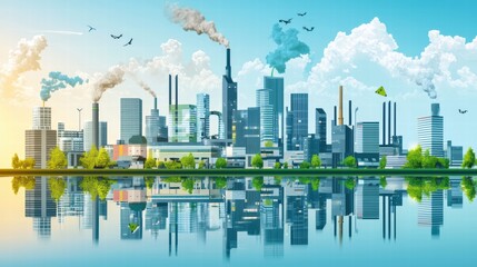 Obraz premium Urban Landscape with Industrial Skyline and Reflection in Water