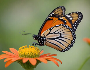 Fototapeta premium Monarch butterfly, vibrant orange wings, black veins, white spots, yellow flowers, green leaves, soft focus background, macro photography, detailed wings, nature close-up, delicate insect, pollinator,