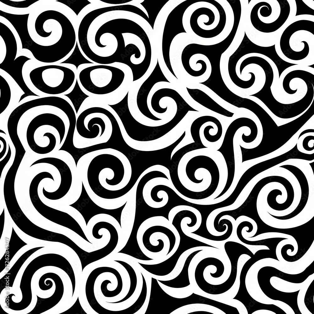 Poster abstract black and white swirling pattern design featuring intricate curves and line work, perfect f