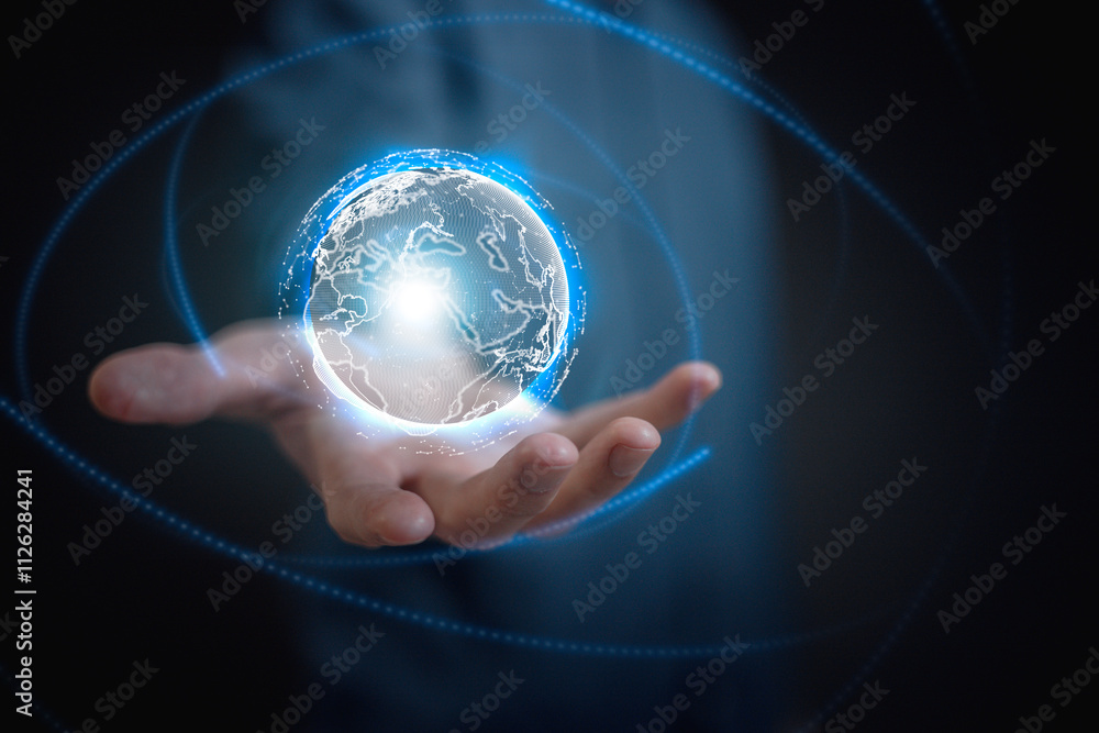 Aufkleber digital data transformation hand touching the metaverse universe, a conceptual shift in digital tran
