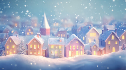 A snowy town with houses lit up at night