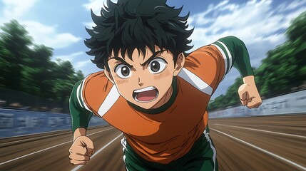 Determined Anime Runner Sprints Towards the Finish Line on a Sunny Day.