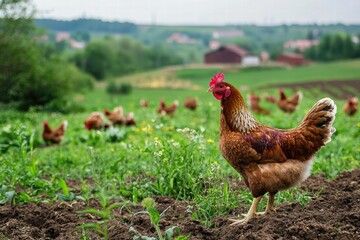 Brown Hen Standing in Green Field with Flock in Background
