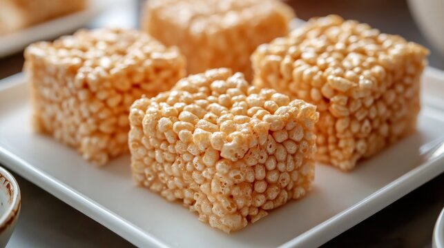Golden brown rice krispy treats on white plate, some scattered, with kitchen countertop background.
