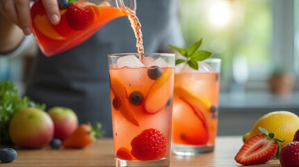 Man pouring fruit punch into glass with colorful fruit slices and ice cubes