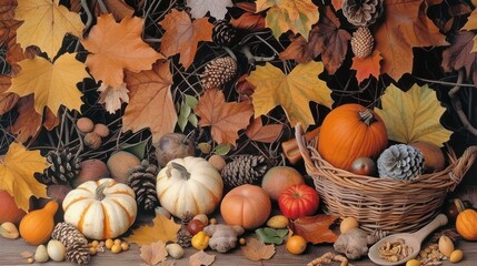 Autumn thanksgiving Harvest Scene with Colorful Pumpkins, Gourds, and Leaves Capturing the Essence of Fall in a Cozy Rustic Setting