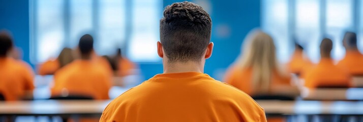 Prison students in classroom setting, young man in orange uniform deep in thought, surrounded by peers. Blue walls, natural light.