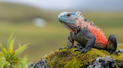 Fototapeta premium A vibrant iguana basking in the sunlight on a moss-covered rock
