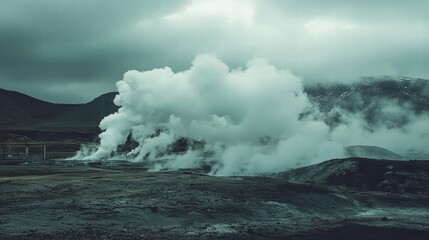 Geothermal Energy Production with Steam and Clouds in Natural Landscape