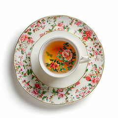 Elegancka filiżanka z herbatą, ustawiona na talerzyku z kwiatowym wzorem w stylu vintage. 
