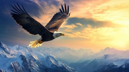 Fototapeta premium Majestic Eagle Soaring Above Snow-Capped Mountains at Sunset
