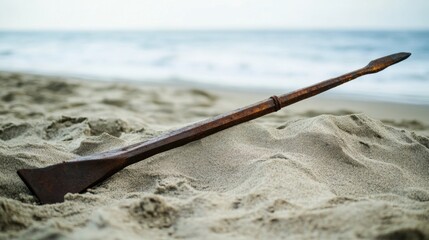 Ancient harpoon resting on sandy beach, partially buried with weathered wooden handle and rusted metal tip, evoking historical maritime heritage and archaeological significance