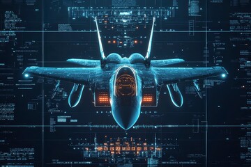 A futuristic fighter jet is depicted against a digital backdrop, showcasing a blend of technology and aviation design.