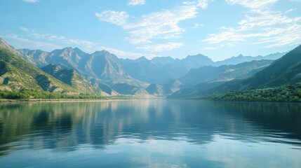 A picturesque scene of a beautiful spot with towering mountains and clear waters, bright sunny day, professional enviroment photography