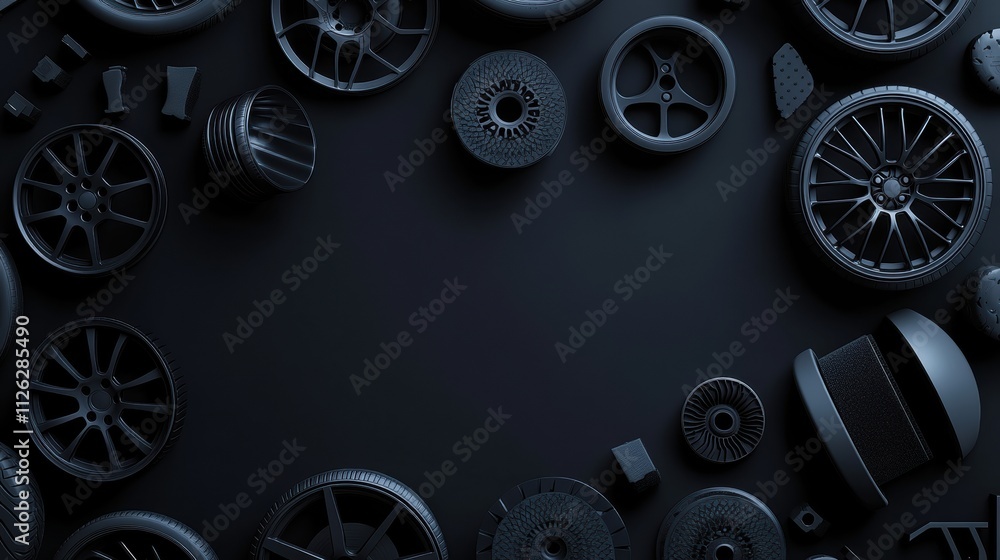Poster Various car tires, rims, and brake pads are artistically arranged on a dark surface, showcasing their shapes and textures with copy space available. Generative AI