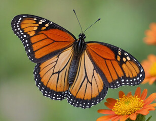 Obraz premium Monarch butterfly, vibrant orange wings, black veins, white spots, yellow flowers, green leaves, soft focus background, macro photography, detailed wings, nature close-up, delicate insect, pollinator,