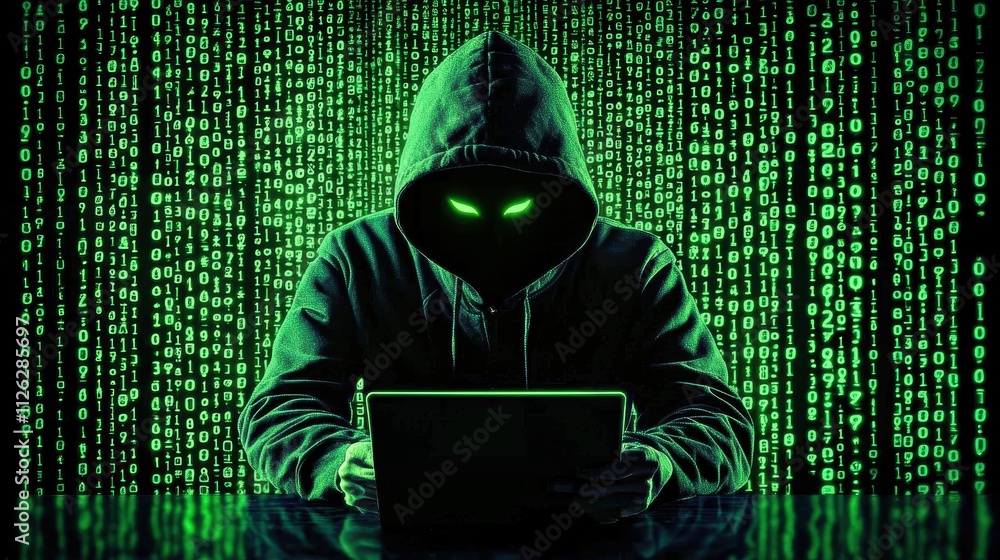 Poster mysterious hacker in hoodie working on laptop with green matrix code