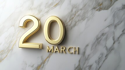 Golden 20th of March: Elegant 3D gold numerals "20" and "MARCH" rest on a luxurious marble background, ideal for invitations, calendars, or announcements.