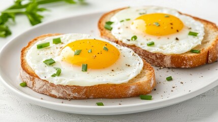 Close-up of fried eggs with crispy edges atop toasted sourdough, garnished with parsley and chives, high-quality breakfast detail