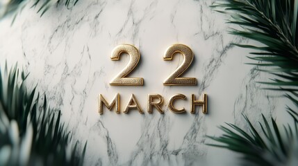 22 March: A Minimalist Date Card: Golden "22" and "MARCH" lettering rests on a sleek white marble background, framed by lush green palm leaves.