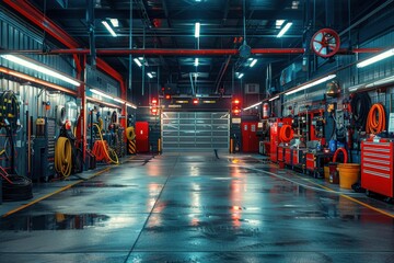 Interior view of a spacious fire station garage, featuring neatly organized firefighting equipment, hoses, and tools, all illuminated by overhead lights