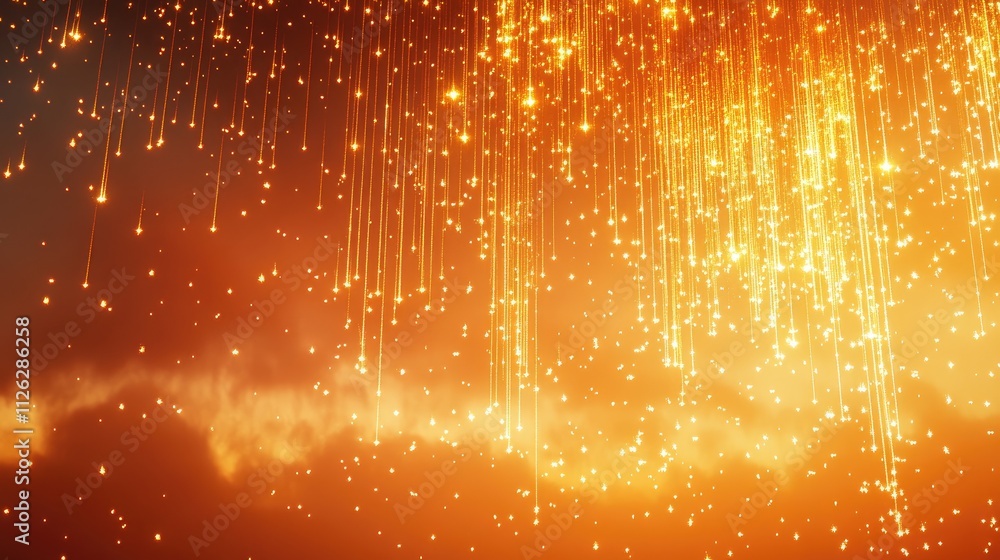 Poster a cascade of golden falling stars lights up the sky, with vibrant bokeh lights drifting into the war