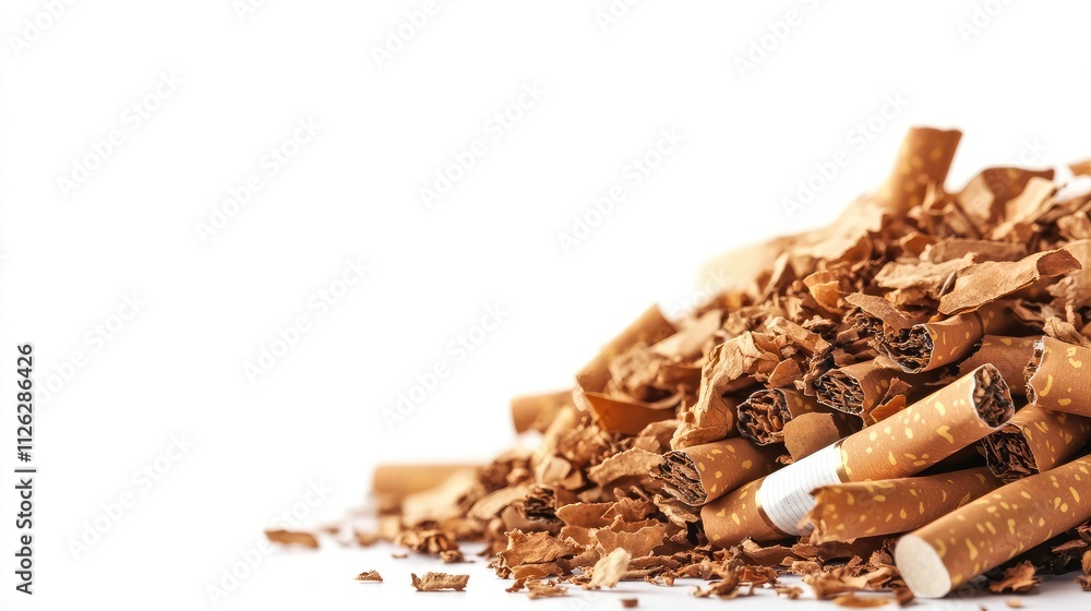 Leinwandbilder A clean white background frames a sharp side view of a random pile of cigarettes, captured in crisp detail with a minimalist feel.
