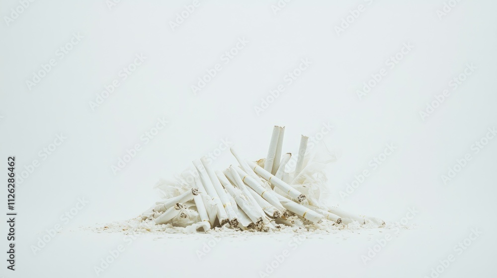 Poster A clean white background frames a sharp side view of a random pile of cigarettes, captured in crisp detail with a minimalist feel.