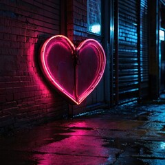A glowing neon heart sign hanging in a bustling urban alleyway at night, with reflections on wet pavement.