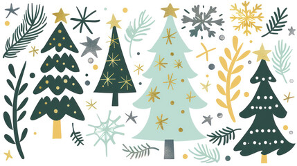 Christmas tree Holiday Illustration Featuring Festive Trees, Stars, Snowflakes, and Decorative Elements Perfect for Christmas-Themed Designs and Seasonal Crafts