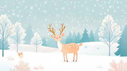 A deer is standing in the snow in front of a forest