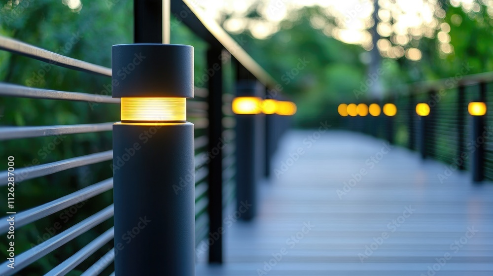 Poster a close-up of contemporary bridge lighting, captured in a minimalist style, with soft focus on the b