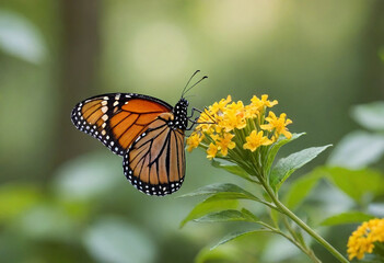 Monarch butterfly, vibrant orange wings, black veins, white spots, yellow flowers, green leaves, soft focus background, macro photography, detailed wings, nature close-up, delicate insect, pollinator,