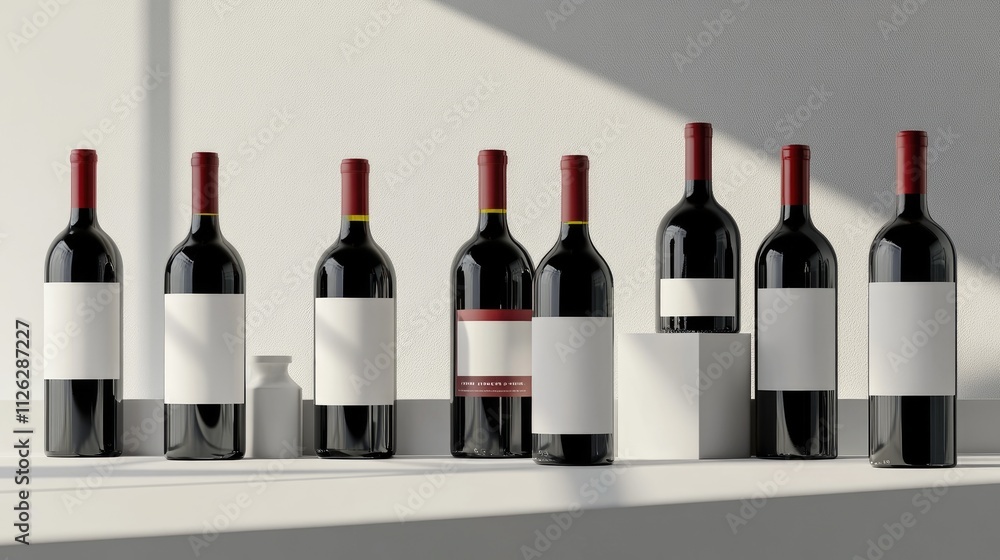 Poster a collection of red and white wine bottles on a white surface, featuring blank labels, perfect for b