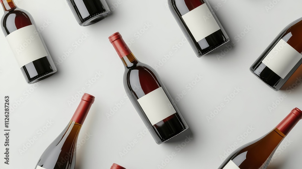 Poster A collection of red and white wine bottles with empty labels, placed neatly on a white background, ideal for custom design and marketing materials.