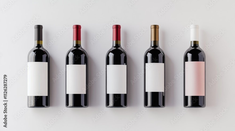Poster A collection of red and white wine bottles with empty labels, placed neatly on a white background, ideal for custom design and marketing materials.