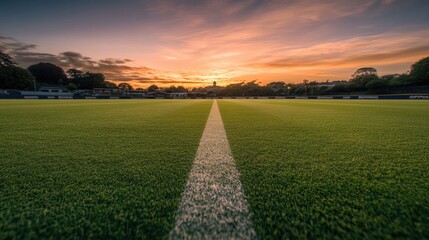 Serene Sunset Over a Lush Green Sports Field at Dusk