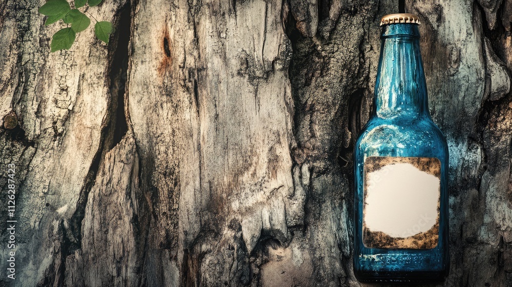 Poster a crisp image of a blue beer bottle with a blank white label, displayed against a simple grey backgr