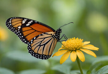 Monarch butterfly, vibrant orange wings, black veins, white spots, yellow flowers, green leaves, soft focus background, macro photography, detailed wings, nature close-up, delicate insect, pollinator,