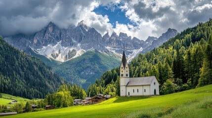 Scenic Alpine Landscape with Church and Dramatic Mountain Range