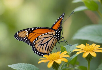 Naklejka premium Monarch butterfly, vibrant orange wings, black veins, white spots, yellow flowers, green leaves, soft focus background, macro photography, detailed wings, nature close-up, delicate insect, pollinator,