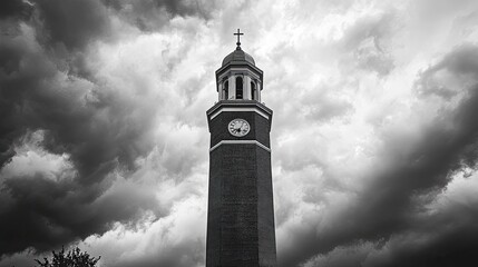 Obraz premium Dramatic Clock Tower Against Dark Stormy Sky in Black and White