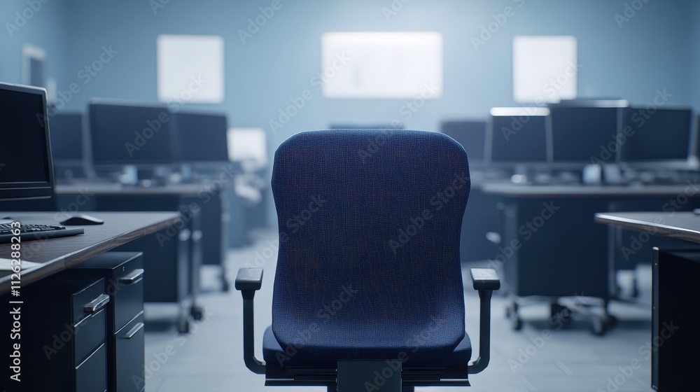 Poster empty office workspace with a comfortable chair and computers