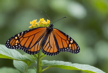 Obraz premium Monarch butterfly, vibrant orange wings, black veins, white spots, yellow flowers, green leaves, soft focus background, macro photography, detailed wings, nature close-up, delicate insect, pollinator,