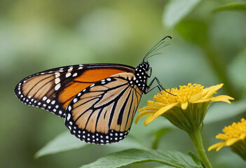 Obraz premium Monarch butterfly, vibrant orange wings, black veins, white spots, yellow flowers, green leaves, soft focus background, macro photography, detailed wings, nature close-up, delicate insect, pollinator,
