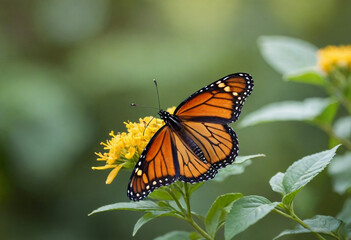 Obraz premium Monarch butterfly, vibrant orange wings, black veins, white spots, yellow flowers, green leaves, soft focus background, macro photography, detailed wings, nature close-up, delicate insect, pollinator,