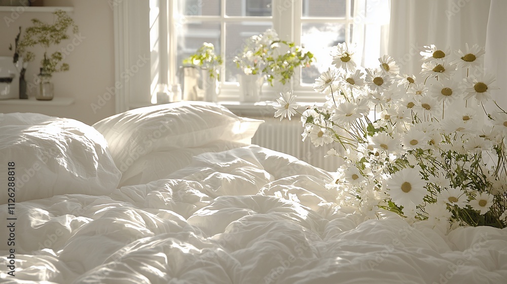 Canvas Prints Sunlit bedroom with white bedding and daisies.