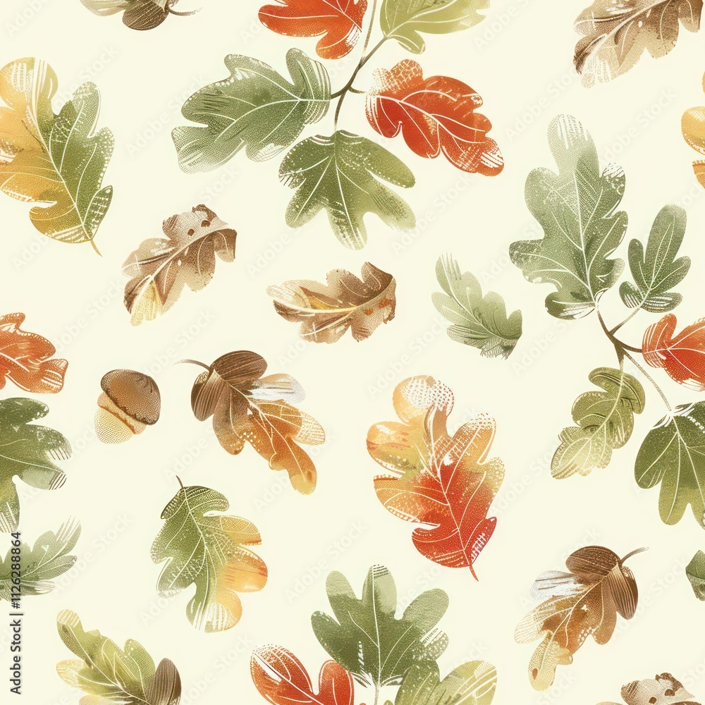 Poster colorful seamless pattern featuring various leaf shapes and autumnal colors on a light background fo